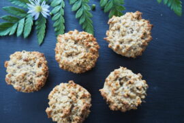 5 round flapjacks beside a fern leaf and 1 purple daisy head with a dark grey slate background
