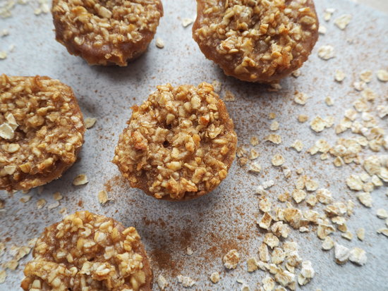 Close up of 5 mini round cinnamon flapjacks spinkled with cinnamon and oats on a pale grey background