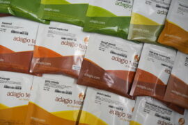 Close up of the Adagio Tea blends in their packets