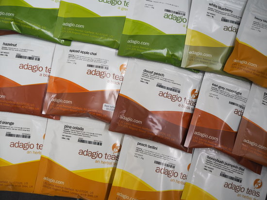 Close up of the Adagio Tea blends in their packets