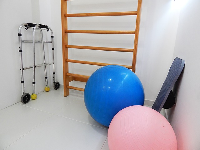 White room containing physical therapy equipment including a blue and pink exercise balls and walking frames