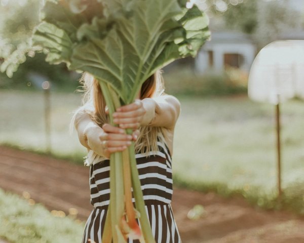 Blonde haired lady in a black and white striped dress holding out a bing bunch of rhubarb so that it covers her face. She looks as if she is stood in an allotment and is showing people how you can take better care of your health