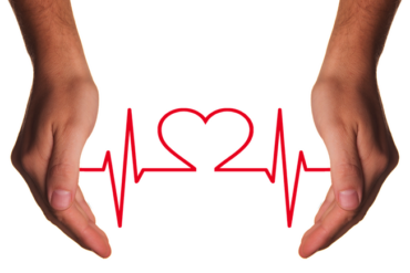 Two hands reaching down from the top of the picture. the background ios white and there is a red jagged heart beat line going between the two hands with the shape of a heart ion the centre of the image.