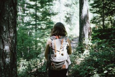 back of a long haired young brunette lady with a backpack on her back. She is going for a hike in a sunlit forest.