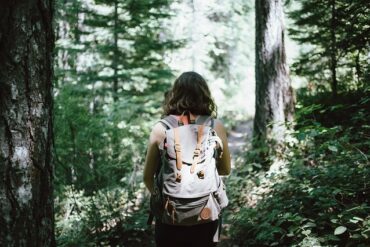 back of a long haired young brunette lady with a backpack on her back. She is going for a hike in a sunlit forest.