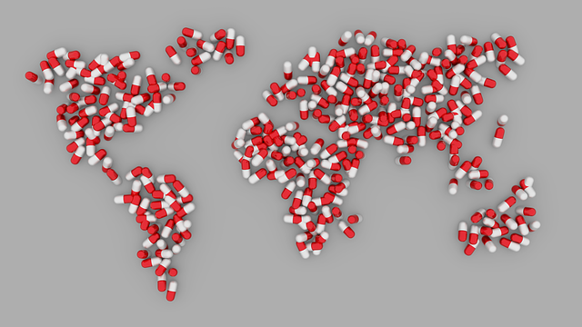 world map made out of red and white pills showing how much impact the opioid crisis is having on the world