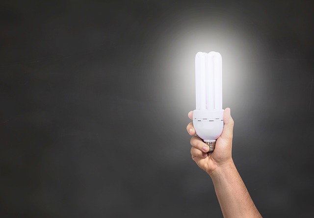 A black background with a persons bare arm holding up an energy light bulb on the right hand side of the picture