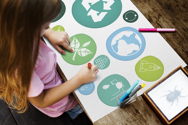 child making a collage of the ways she can help make her home more sustainable and environmentally friendky